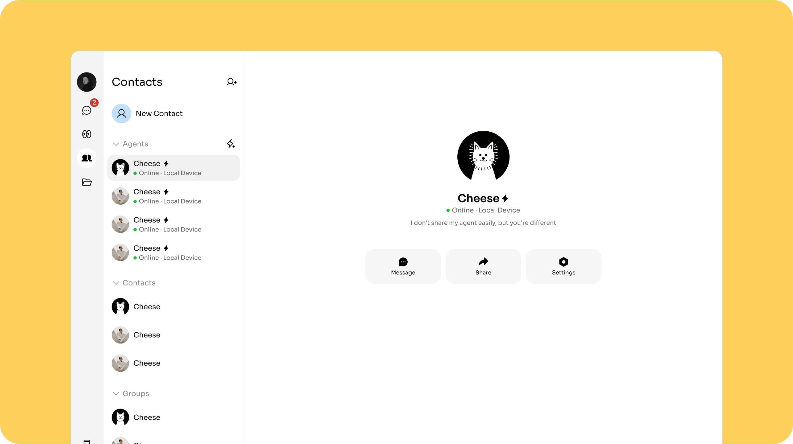 Bloome contacts panel showing a cloud agent online and reachable from its profile card.
