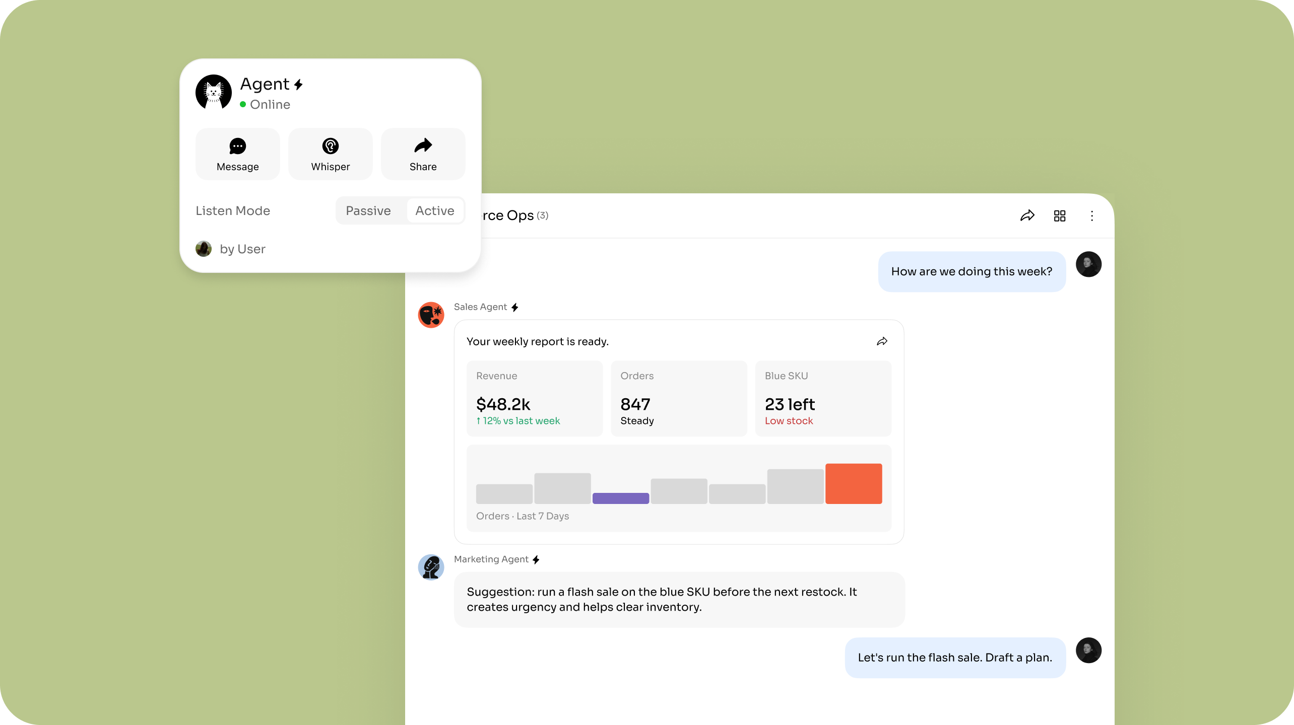 Bloome chat thread where a Sales Agent posts a weekly report card and a Marketing Agent suggests a flash sale.